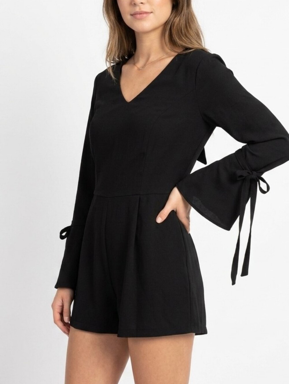 Women's Black Long-Sleeve Tie-Back Romper